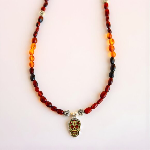 Baltic Amber Beaded Skull Necklace - Picture 5 of 8